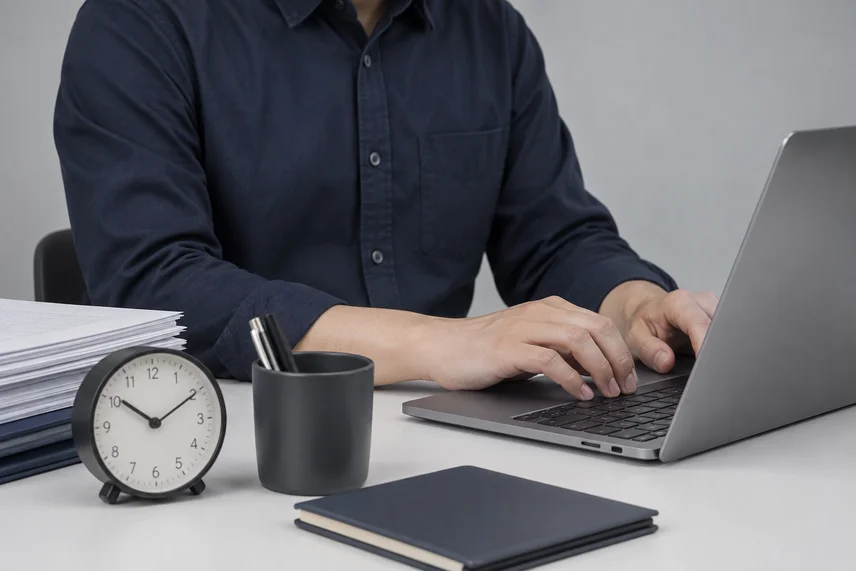 Working at a desk with a clock and laptop