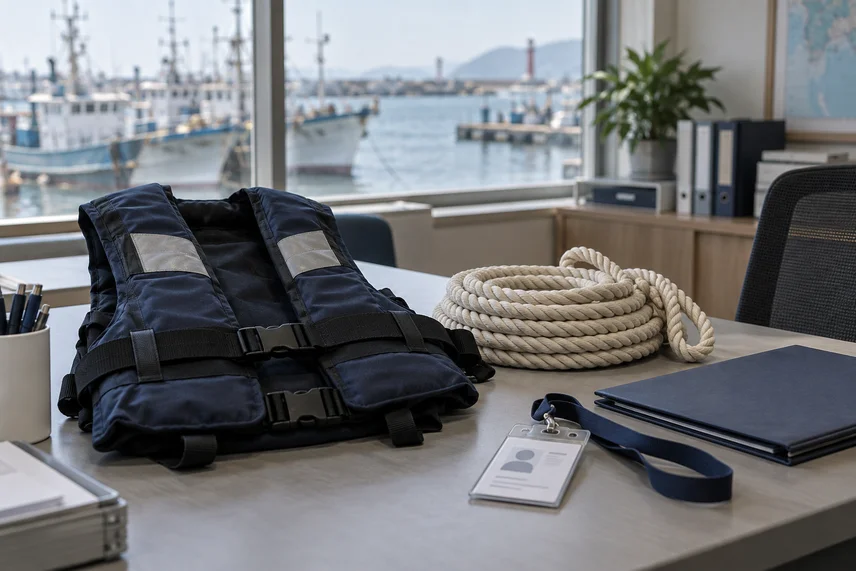 A life jacket and boarding documents in an office overlooking a port
